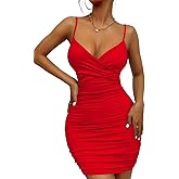 TREEOFFCISE Women's 2024 Wrap V Neck Dress Sleeveless Ruched Bodycon Sexy Dress Ladies Party Cocktail Club Fashion Dress