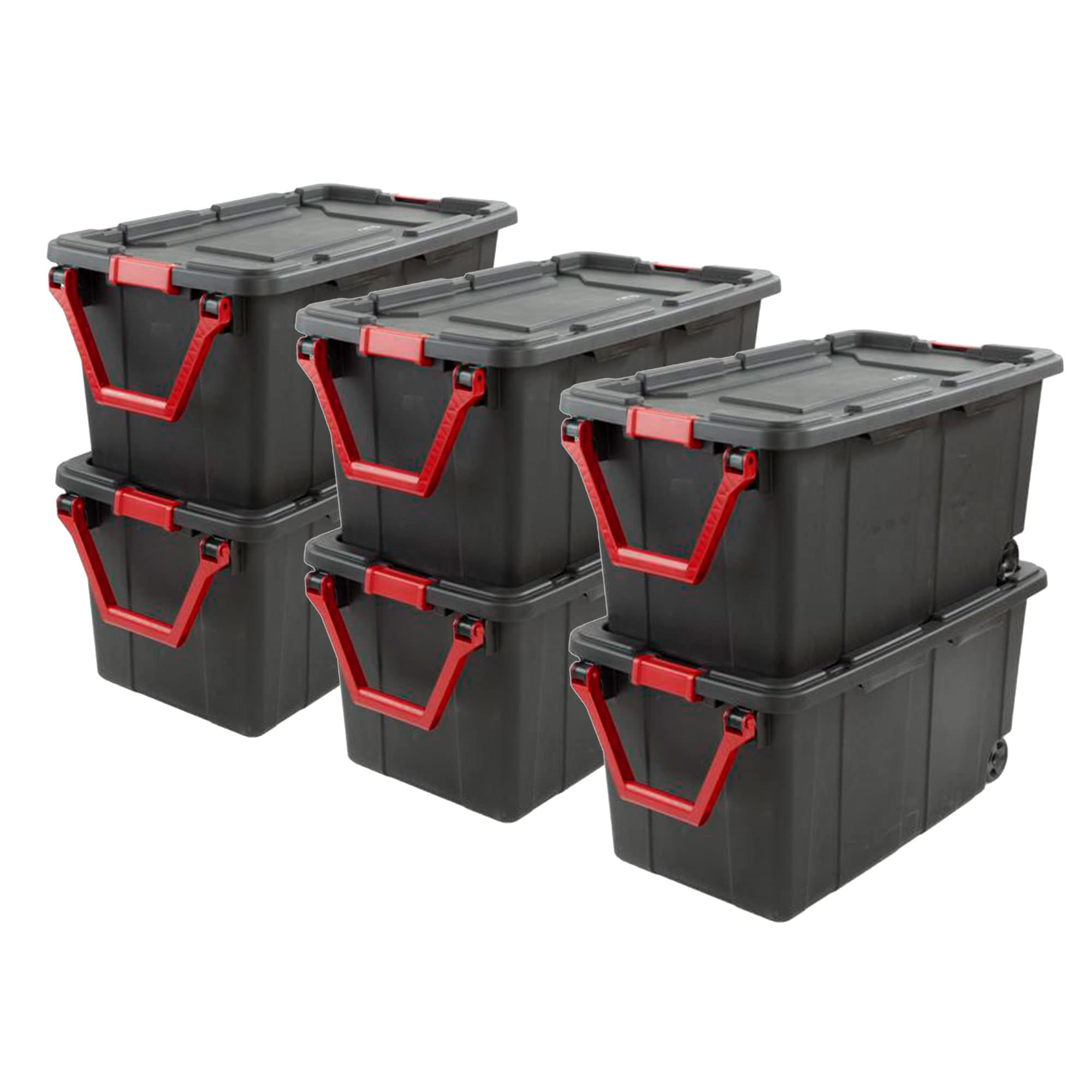 Sterilite 40 Gal Wheeled Industrial Tote, Stackable Storage Bin with Latch Lid, Plastic Container with Heavy Duty Latches, Black Base and Lid, 6-Pack