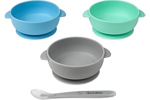 UpwardBaby Spoon + Bowls with Suction - 4 Piece Silicone Set with Spoon for Babies Kids Toddlers - BPA Free Baby LED Weaning Food Plates - First Stage Self Feeding Utensils