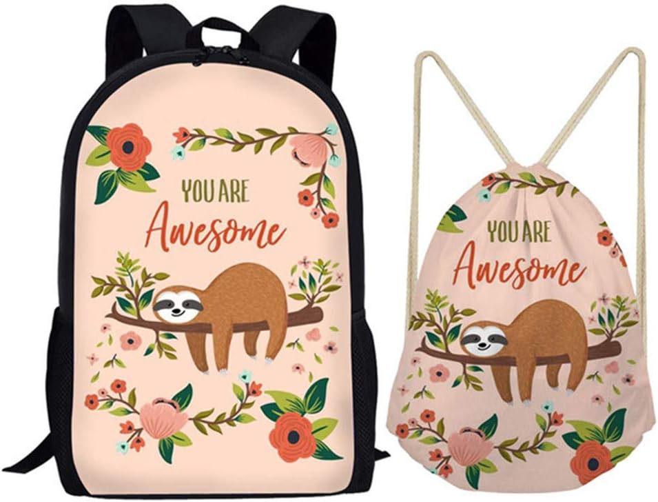 Coloranimal Children School Backpack Sets 17 Inch Bookbag with Drawstring Rucksacks 2 Piece Funny Cartoon Sloth Pattern Knapsack