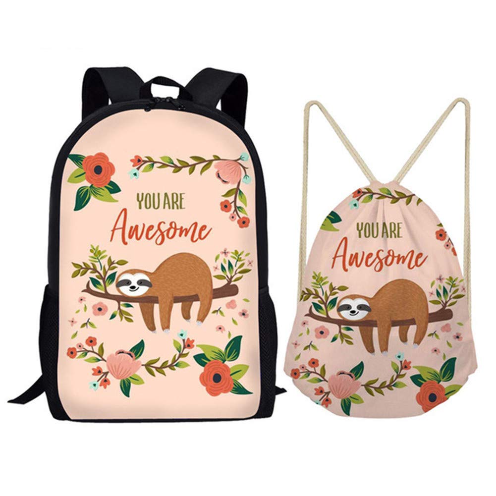 Coloranimal Children School Backpack Sets 17 Inch Bookbag with Drawstring Rucksacks 2 Piece Funny Cartoon Sloth Pattern Knapsack