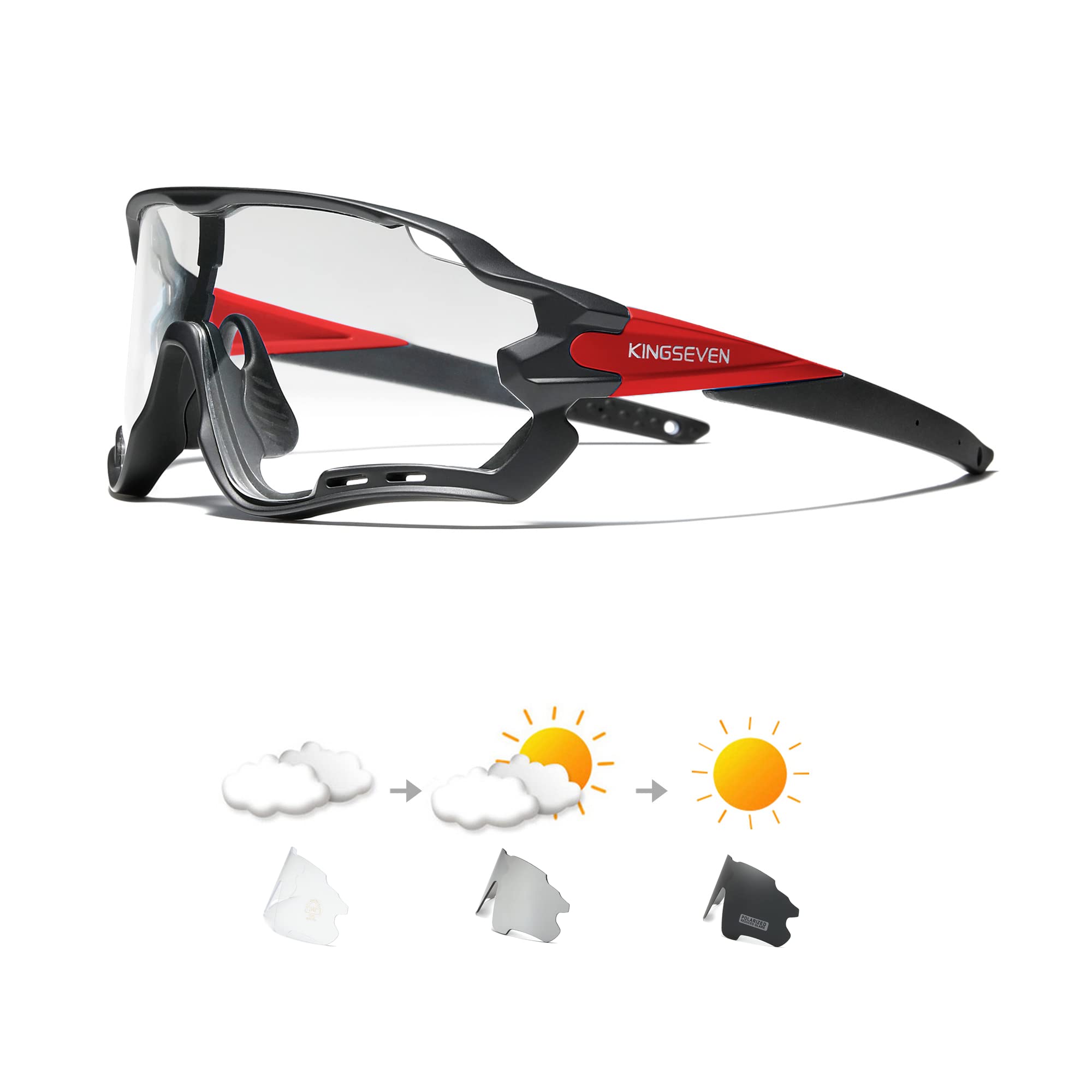 KINGSEVEN Cycling Glasses for Men Women Bicycle Sports MTB Road Bike Sunglasses Photochromic Lenses LS-911 (LS911-Photochromic Red)