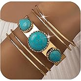 Annpro Bohemian Western Turquoise Cuff Bracelet for Women Cowgirl,Vintage Chunky Turquoise Cuff Bracelet Trendy Western Country Costume Jewelry Accessories
