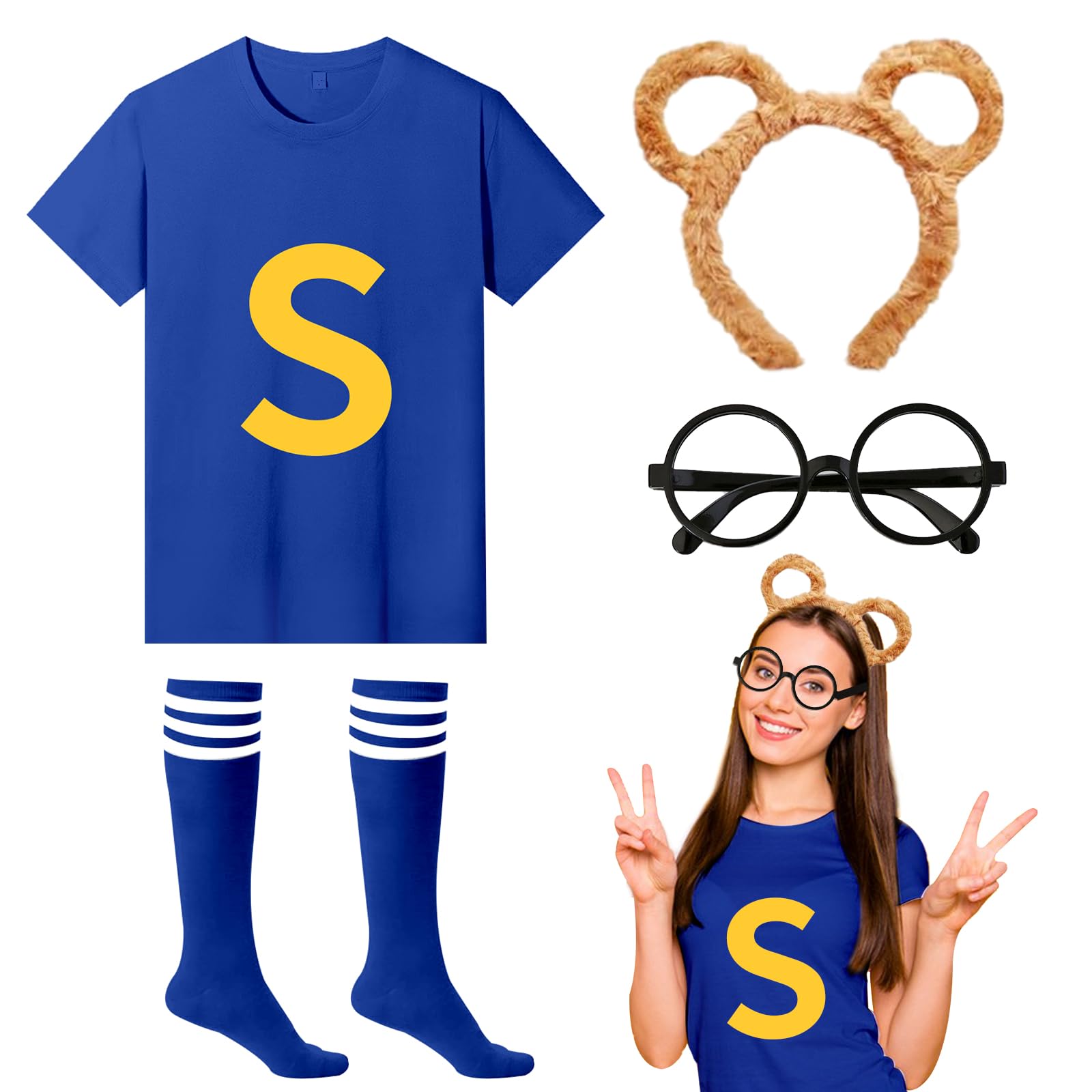 4Pcs Chipmunks Costumes Set with Chipmunk Headband Glasses T-shirt Soccer Socks, Chipmunks Fancy Dress Outfit Party Animal Cosplay for Adults World Book Day Halloween Dress Up (Blue, XXXL) — image 1
