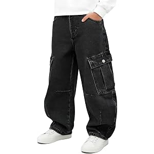 Tenfinordi Baggy Jeans for Boys Cargo Jeans, Mid Rise Elastic Waist Multi-Pockets Denim Pants School Streetwear Size 8-12
