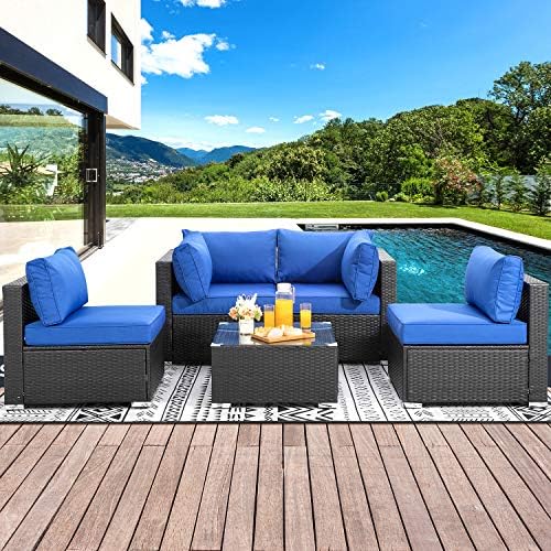 Shintenchi Outdoor Patio Furniture 5 Pieces Sets All Weather Pe Wicker Rattan Patio Conversation Sofa Set Tea Table Washable Couch Cushions For Backyard Porch Lawn Garden Balcony Dark Blue Amazon Com Au Lawn Garden