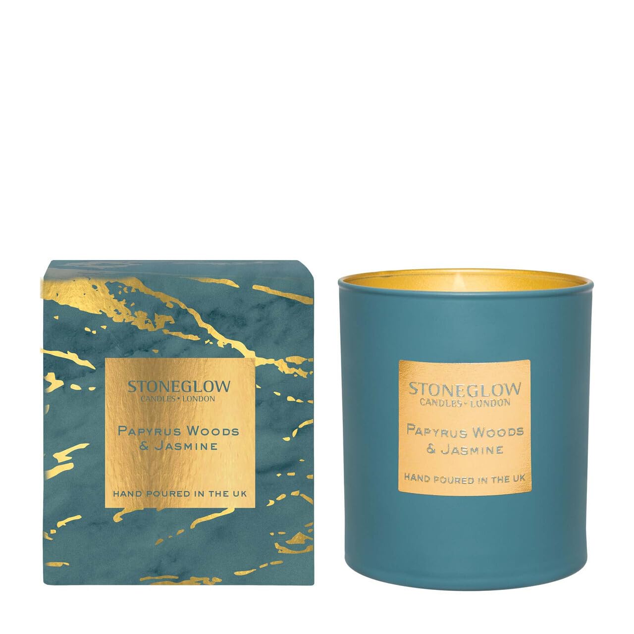 Stoneglow Luna Collection - Papyrus Woods & Jasmine 220 Grams Scented Candle (Blue & Gold)