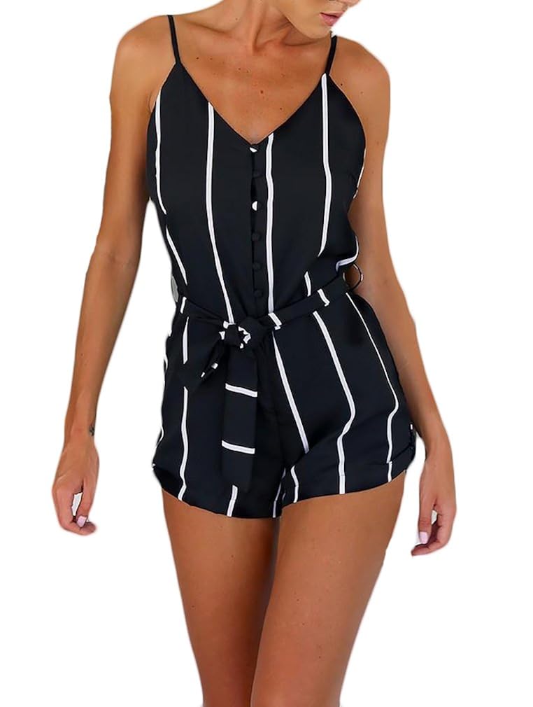 Jumpsuit Kurz Damen Elegante Mode Sommer Gestreift VAusschnitt