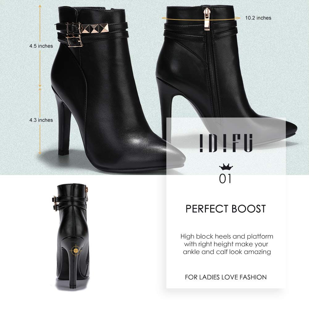 IDIFU Women's Fashion Buckle Ankle Boots 4 Inch Pointed Toe High Heels Studded Side Zipper