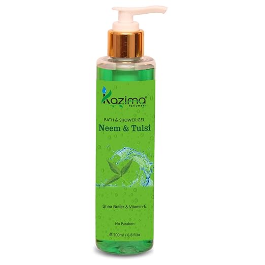 KAZIMA Neem & Tulsi Bath Shower Gel & Luxury Body Wash (200ML) with Shea Butter, Vitamin E, Aloe Vera, Rose, Lavender, Honey & Sandalwood (Free From Parabens)