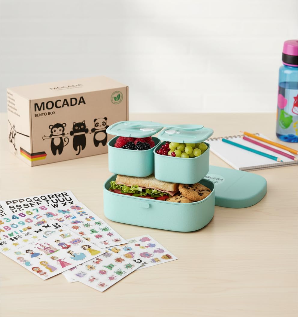 MOCADA® Bento Box for Children Includes 216 Piece Sticker Set - BPA Free - Leak-proof Lunch Box with Cutlery & Compartments - Sustainable Non-Toxic Lunch Box for Nursery, School & Travel (Blue)
