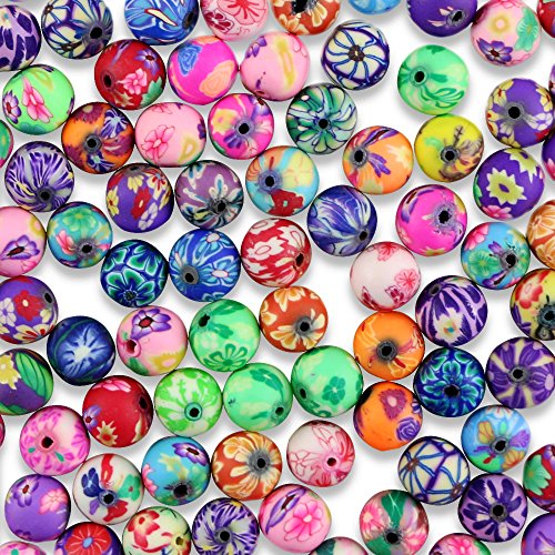 Nextnol 120pcs Fimo Polymer Clay Round Spacer Bulk Beads Handmade Colorful Pattern Beads for Jewelry Making (Assorted Color, 10mm)