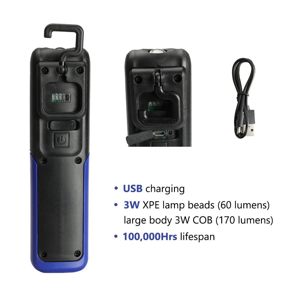 Three trees LED Cordless Work Light COB Rechargeable Portable Hand Held Work Lamp With Hanging Hook, Magnetic Holders, 1200mAh Charging, Multifunction Flashlight (blue)
