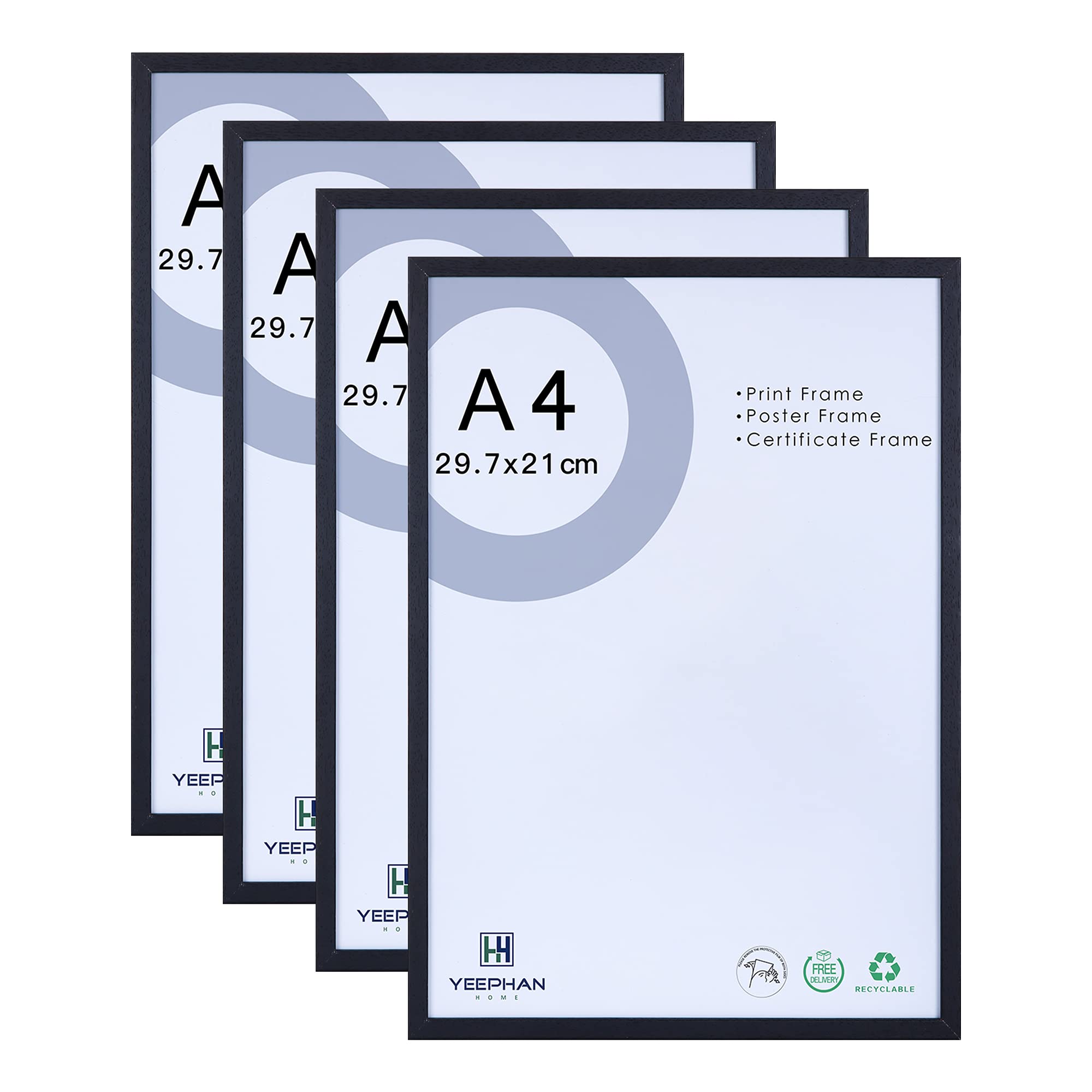 A4 Picture Photo Frame,21x30cm Certificate Frames Made of Solid Wood with plexi-glass front for Wall Hanging and Tabletop display, Black, pack of 4