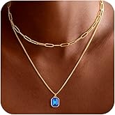 JIAOGE Valentines Day Gifts for Her Kids - Birthstone Necklace for Women Girls Dainty Layered Gold Necklace for Women with 12 Month Rectangle Birthstone Pendant Paperclip Box Chain Choker Necklace