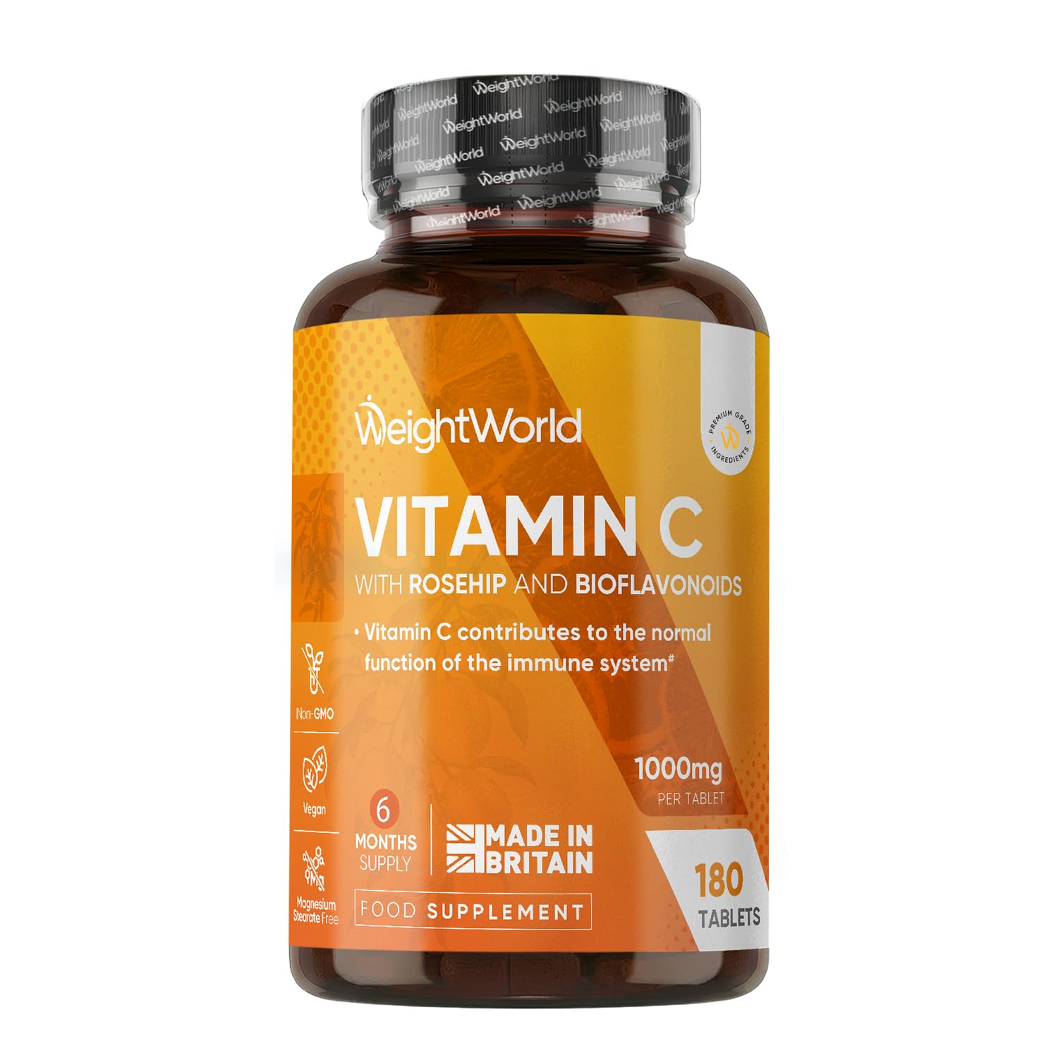 Vitamin C Tablets 1000mg - 180 Tablets - 6 Months Supply - Added Rosehips & Bioflavonoids - Vegan, Gluten-Free & Lactose-Free - VIT C Supplement (As L-Ascorbic Acid) - 1 per Day - Made in The UK