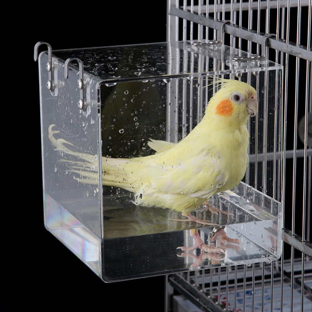 CuteHairy Transparent Acrylic Bird Bath Box with Hook,Thickened Hanging Water Bath Tub Bird Supplies Shower Cage Accessory for Parrot Cockatiel Parakeet