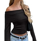 Bosloga Off The Shoulder Sweater for Women Y2K Long Sleeve Ribbed Knit Fitted Pullover Fall Winter Date Tops Blouse
