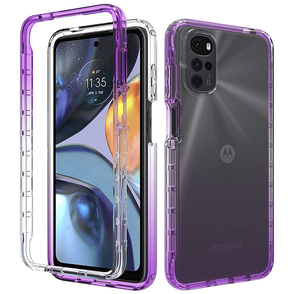 Motorola Moto G22 Case, Gradient Transparent Cover Full Body Protection PC & TPU Two-Layer Structure Shockproof Cover Thin Slim Silicone Bumper for Motorola Moto G22 Phone Case, Purple