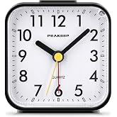 Peakeep Small Battery Operated Analog Travel Alarm Clock Silent | No Ticking, Lighted on Demand and Snooze, Beep Sounds, Gentle Wake, Ascending Alarm, Easy Set (Black)