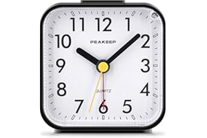 Peakeep Small Battery Operated Analog Travel Alarm Clock Silent No Ticking, Lighted on Demand and Snooze, Beep Sounds, Gentle Wake, Ascending Alarm, Easy Set (Black)