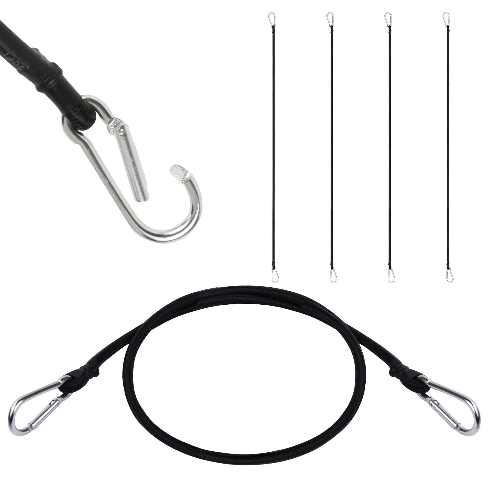 URAQT Bungee Cords with Carabiner Clips 100 CM, 4 Pack Long Heavy Duty Carabiner Bungee Cord, Retractable Straps, with Carabiner Hooks for Roof Racks, Trailers, Camping, Tarps and Travel for All Users