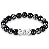 Men's Viking Rune Link Bracelet, 10mm Beaded Bracelet with Natural Gemstones, Adjustable Elastic Design, Gift for Anniversary, Christmas and Thanksgiving,Lapis Lazuli/Map Stone/Howlite/Tiger Eye/Snowflake Obsidian/Black Agate