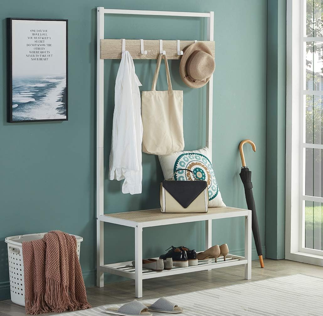 Homissue Modern Style 2 Shelf Hall Tree with Storage Bench, Light Oak Bench and Lower Shelf with White Steel Frame, Entryway Shoe Rack with 5 Hooks for Garments