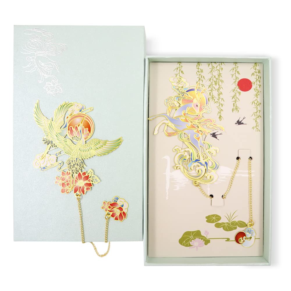 LELE LIFE 2Pack Metal Bookmarks with Exquisite Box, Colorful Vintage Metal Pendant Bookmarks, Hollow Brass Bookmarks for Readers Students, Style C+D