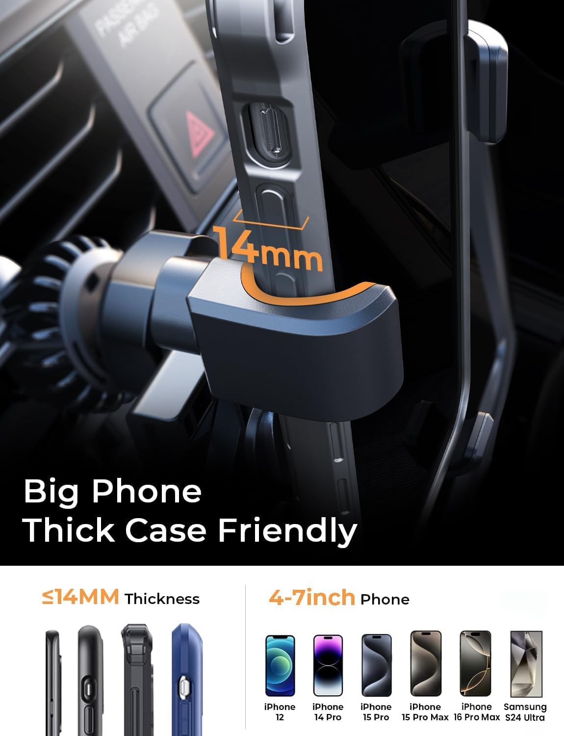 AINOPE for iPhone 17 Pro Max Car Mount Phone Holders for Your Car [Slide Design] Air Vent Phone Mount [Top Clamp] Cell Phone Holder Car Interior Accessories for iPhone Air 17 Pro Max 16 Samsung S25
