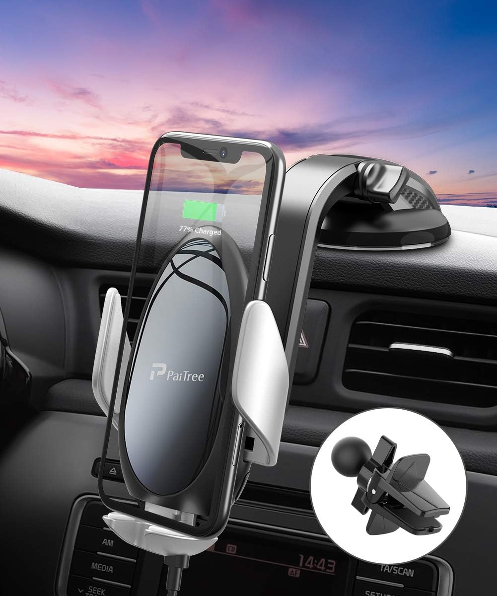 Wireless Car Charger Mount, PaiTree [Power Storage Technology] Automatic Sensor Car Phone Holder and Charger for Car Dashboard Air Vent, 10W Qi Fast Charging for iPhone 11 Pro Max/XS/XR, Samsung S10+