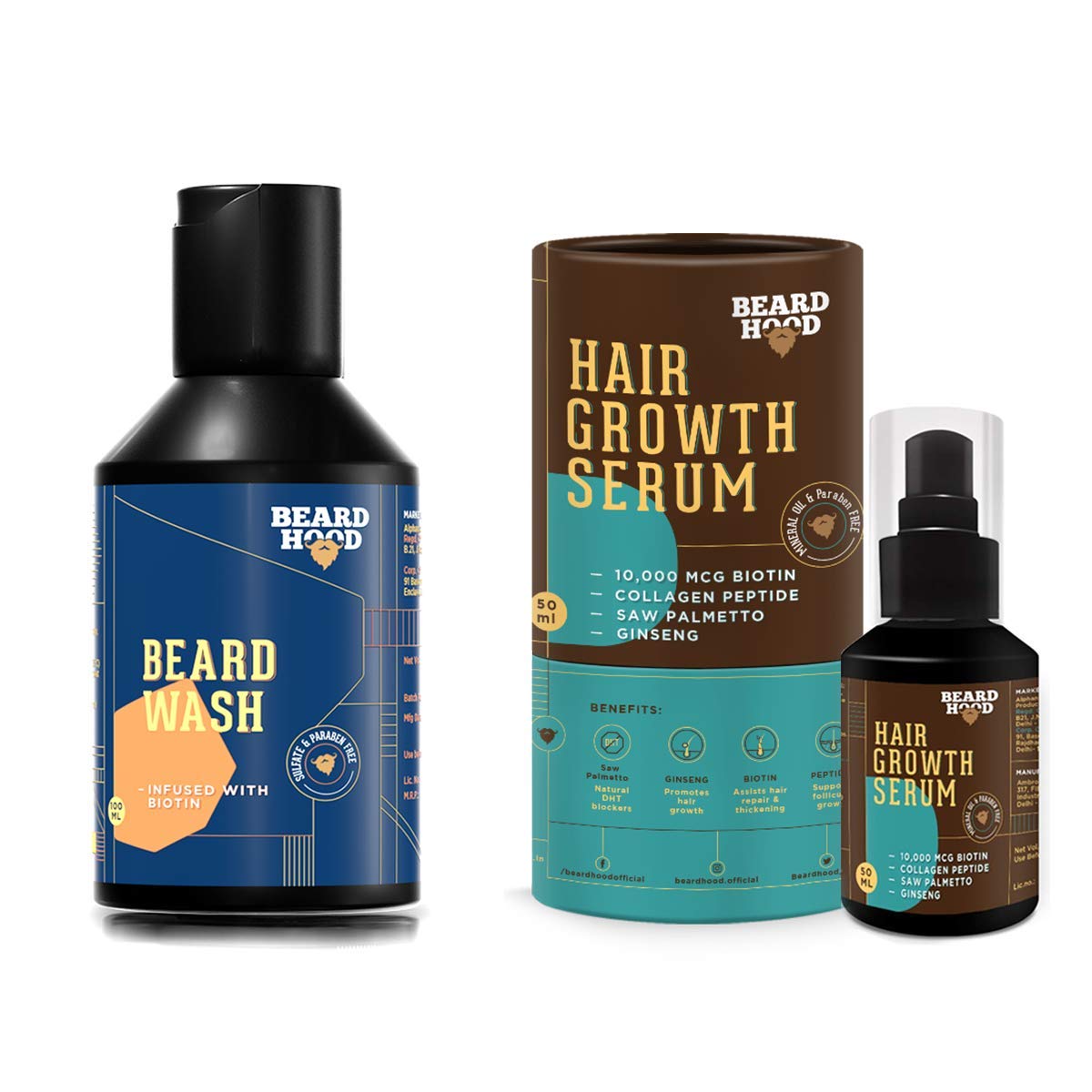 Beardhood Beard &amp; Hair Growth Serum, 50Ml and Beard Growth Wash, 100Ml
