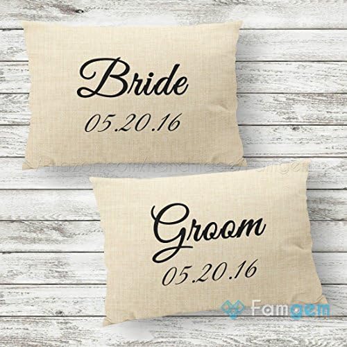 Bride Groom Wedding Date Couple Throw Pillow Case His &amp; Hers Personalized Mr Mrs Cushion Cover | Custom Wedding Decor Zipper Queen King Newly Gifts for Her or Him | Burlap or Cotton - Set of 2