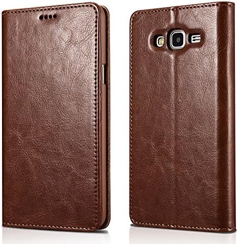 Galaxy J7 Case, RUIHUI Luxury Vegan Leather Wallet Magnetic Closure Case Built-in Card Slots &amp; Stand Folio Flip Cover for Samsung Galaxy J7 2015 (Brown)