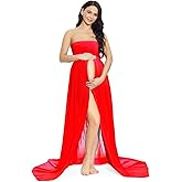 ZIUMUDY Maternity Chiffon Strapless Maxi Photography Dress Split Front Gown for Photoshoot