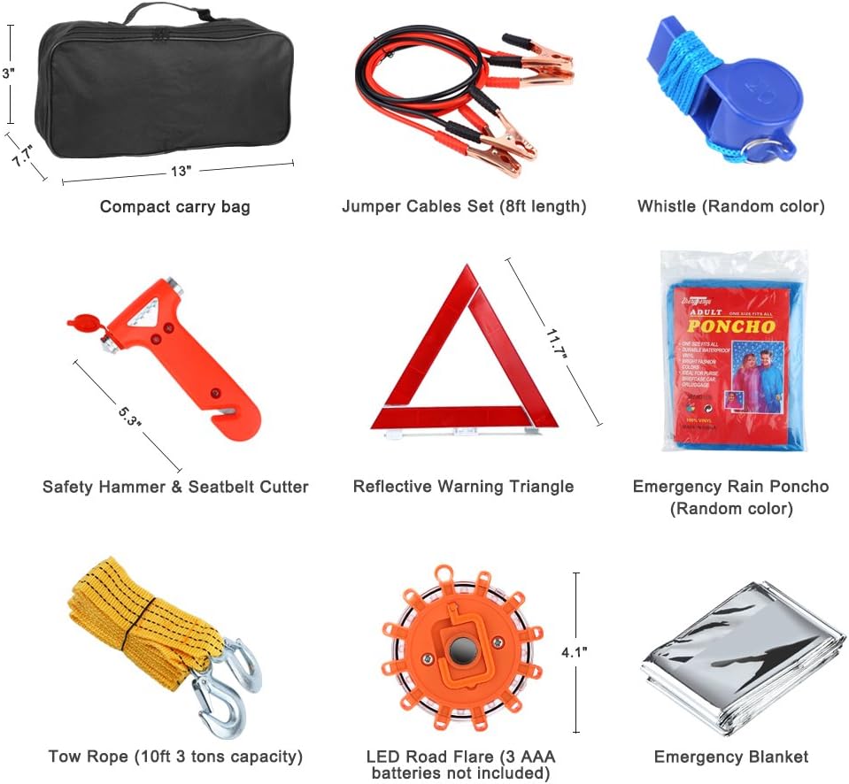Electop Roadside Assistance Auto Emergency Kit 66 Pieces-in-1 Car Safety Kit with Jumper Cables,LED Road Flare Warning Light,Tow Rope,Triangle,Tire Pressure Gauge and More for Your Car Truck SUV: Automotive