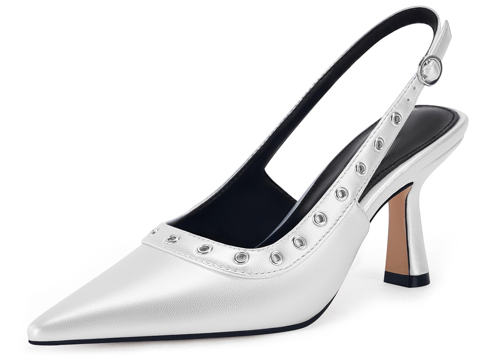 Photo 1 of *USED*
Coutgo Womens Slingback Kitten Heels Studded Closed Pointed Toe Slip On Leather Pumps Work Dress Shoes, Silver, Size 7.5