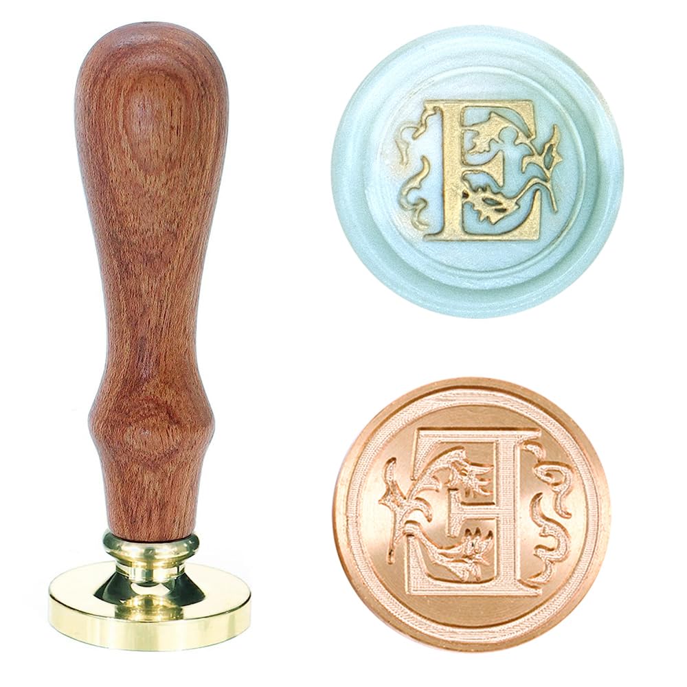 Poemluve Wax Seal Stamp Alphabe Letters E 25mm Initials Vintage Sealing Wax Stamps Brass Head with Removable Wood Handle for Scrapbooking, Wedding Invitation, Gift Wrap, Envelope (Letter E)