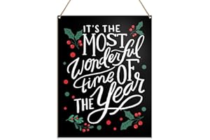 THOQII Christmas Wall Decor, Christmas Decorations Hanging Sign for Home Door Kitchen Bedroom Holiday Decor Xmas Black Wooden Plaque, It's The Most Wonderful Time of The Year