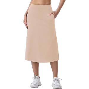 HOKOYI Women's 27" Long Skirt with Zipper Pockets Modest Midi Length Skort Skirt with Shorts Athletic Workout Casual Office