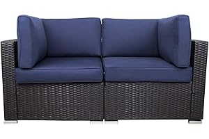 Excited Work Patio Sectional Furniture Corner Sofa,Low Back All-Weather Wicker Loveseats Outdoor Rattan Couch Set Conversation Sets（Dark Blue）