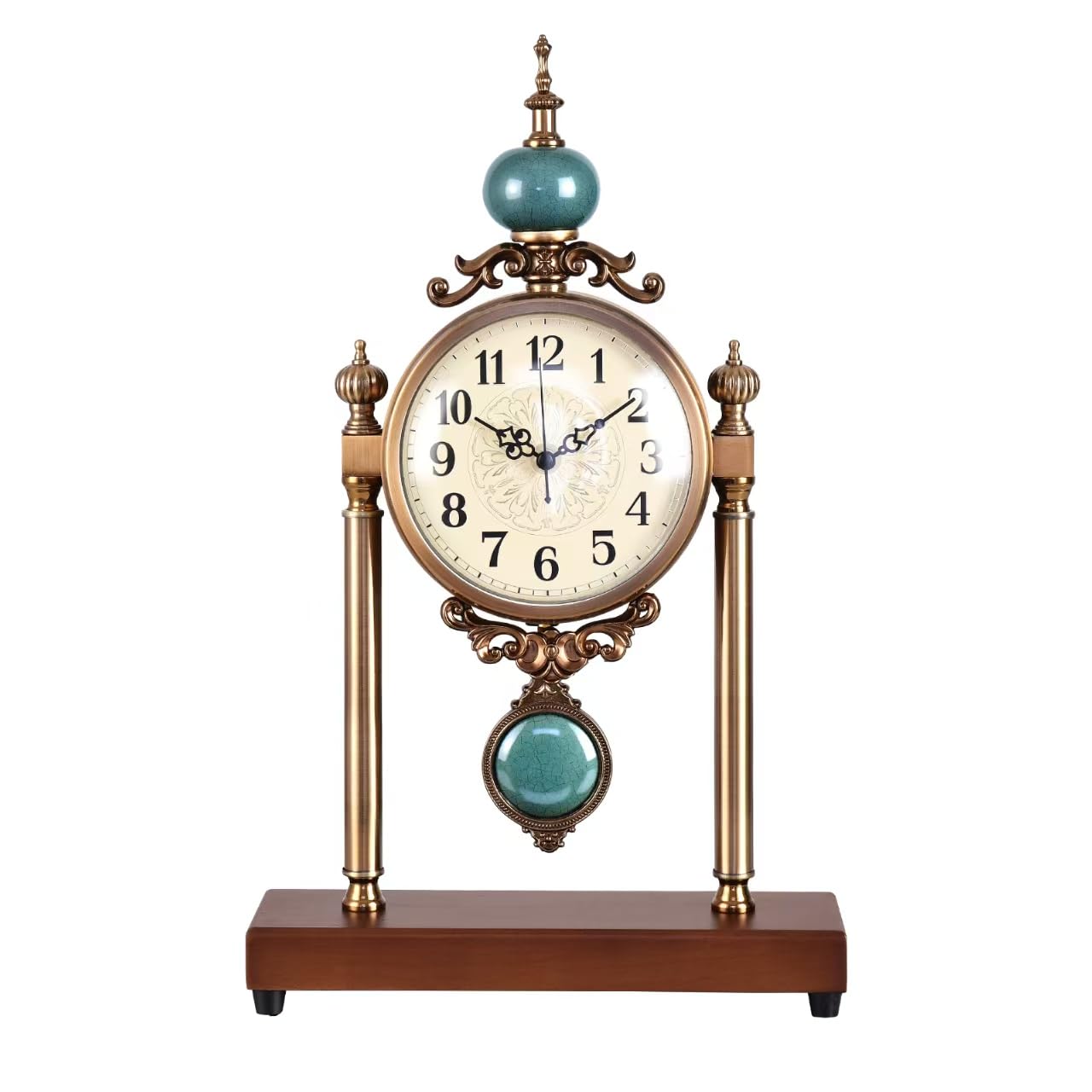 Vintage Fireplace Mantel Clock – Silent Retro Desk Clock for Living Room, Walnut Base with Metal Surface Antique Shelf Pendulum Clock, Home Decor