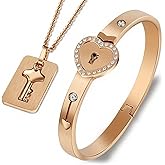 Mifexi MIFXI Couples Matching His and Hers Gold Plated Heart Lock Key Pendant Bracelets Necklaces