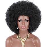Kalyss Kinky Curly Afro Wig with Bangs 70s Afro Wigs for Black Women Glueless Wear and Bouncy Afros Wigs Natural Black,16 Inches