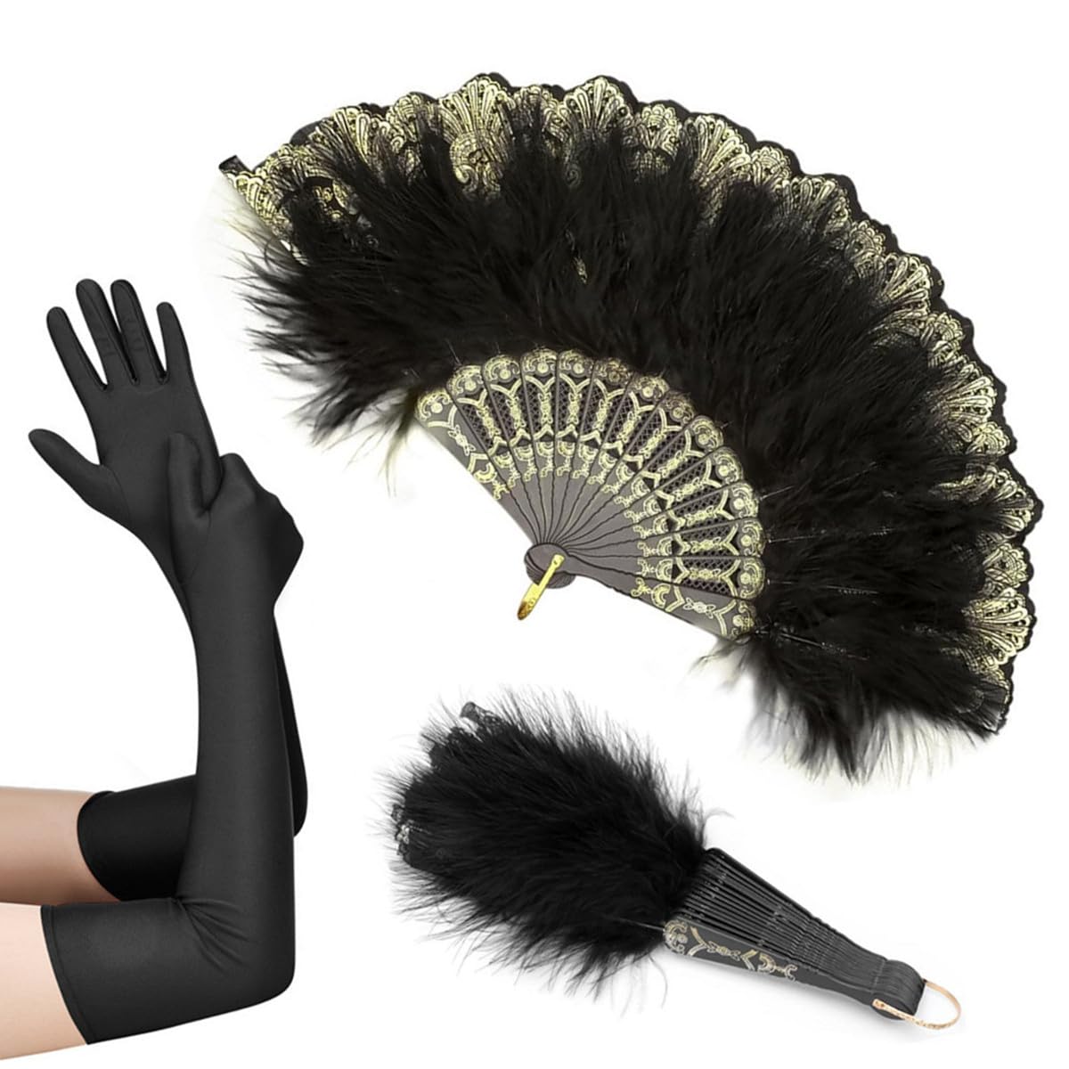 SamHeng Vintage Feather Fan & Satin Gloves, 1920s Style Folding Handheld Feather Fan Hand Fan Long Evening Gloves Elbow Gloves for Gatsby Party Dancing Wedding Prom Tea Party Photo Props (Black)