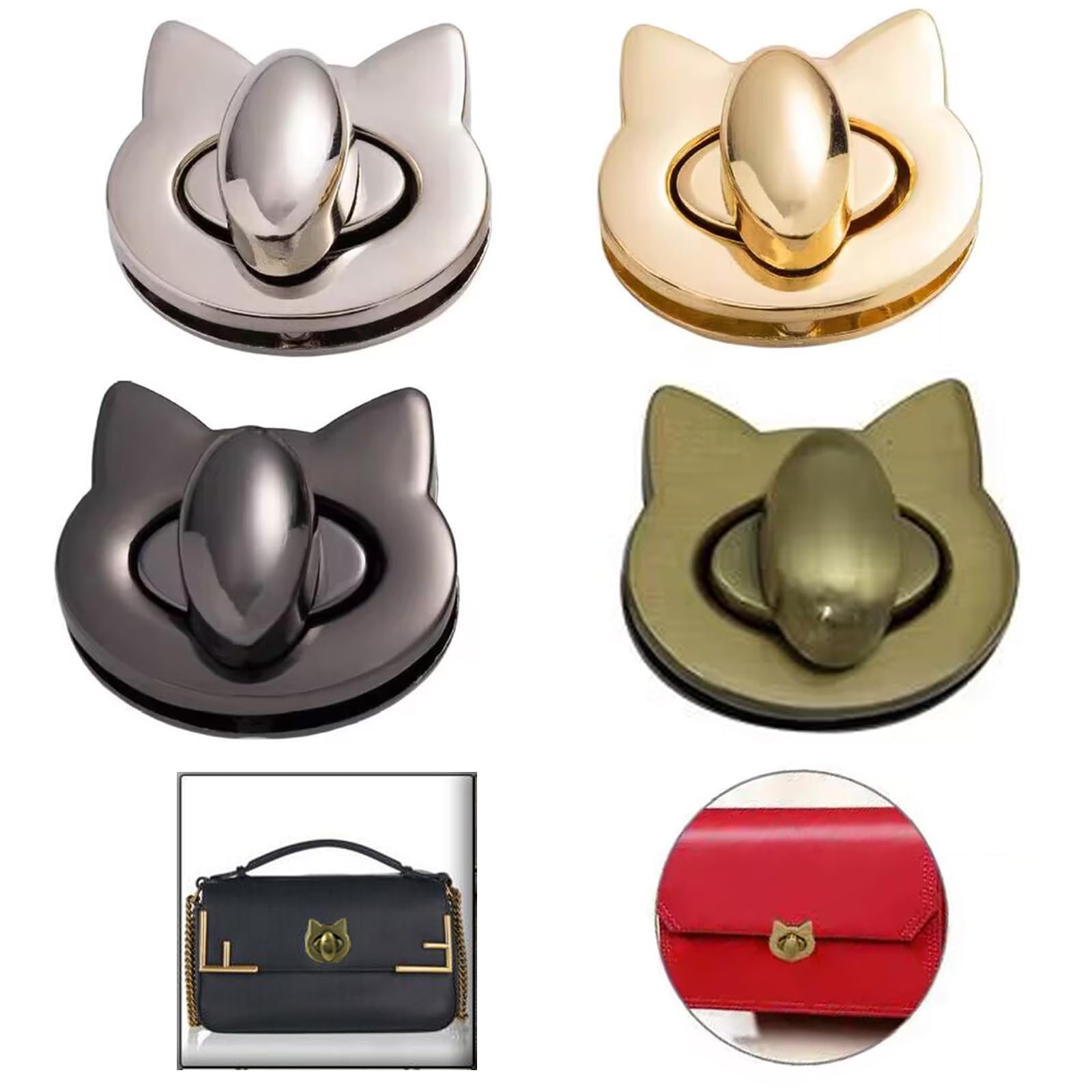 KanDery 4PCS Cat Shape Twist Turn Lock, Purse Lock, Thumb Turn Lock, DIY Catch Buckle Clasp for Bag Making Book Leather Fabric Handbag Wallet