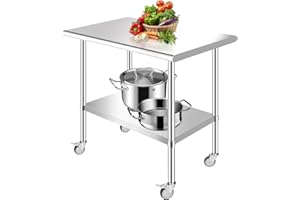 PRIJESSE Stainless Steel Work Table, 36x24 Inch with 4 Wheels, High Grade Food Prep Worktable for Commercial Kitchen Restaurant, Silver