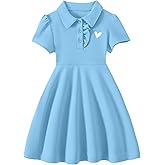 Hilinker Toddler Girls Ruffle Short Sleeve Polo Dress Cute Heart Print Uniform Dresses