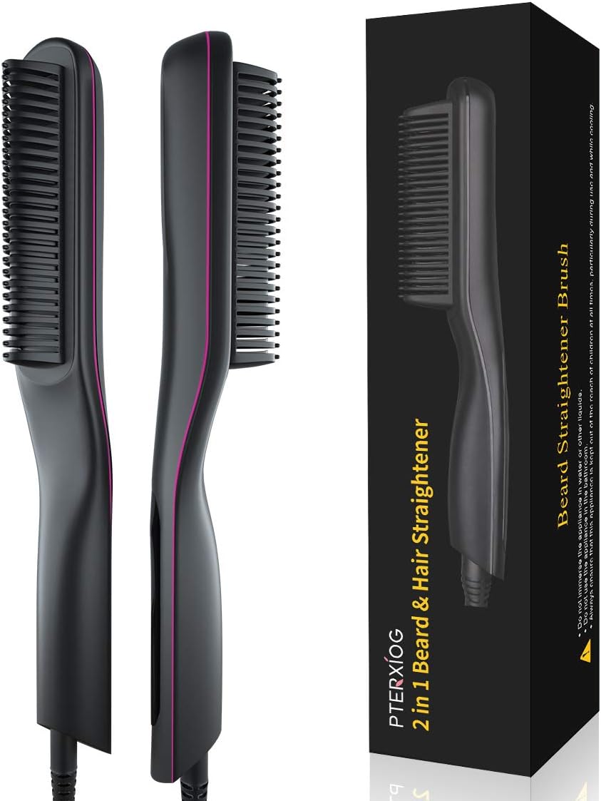  Beard Straightener for Men, Pterxiog Electric Ceramic & Ionic Beard Straightening Comb, Fast Heat Straightening Hair Brush for Women, Anti-scald 3 Adjustable Temperature, Portable for Home and Travel
