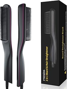  Beard Straightener for Men, Pterxiog Electric Ceramic & Ionic Beard Straightening Comb, Fast Heat Straightening Hair Brush for Women, Anti-scald 3 Adjustable Temperature, Portable for Home and Travel